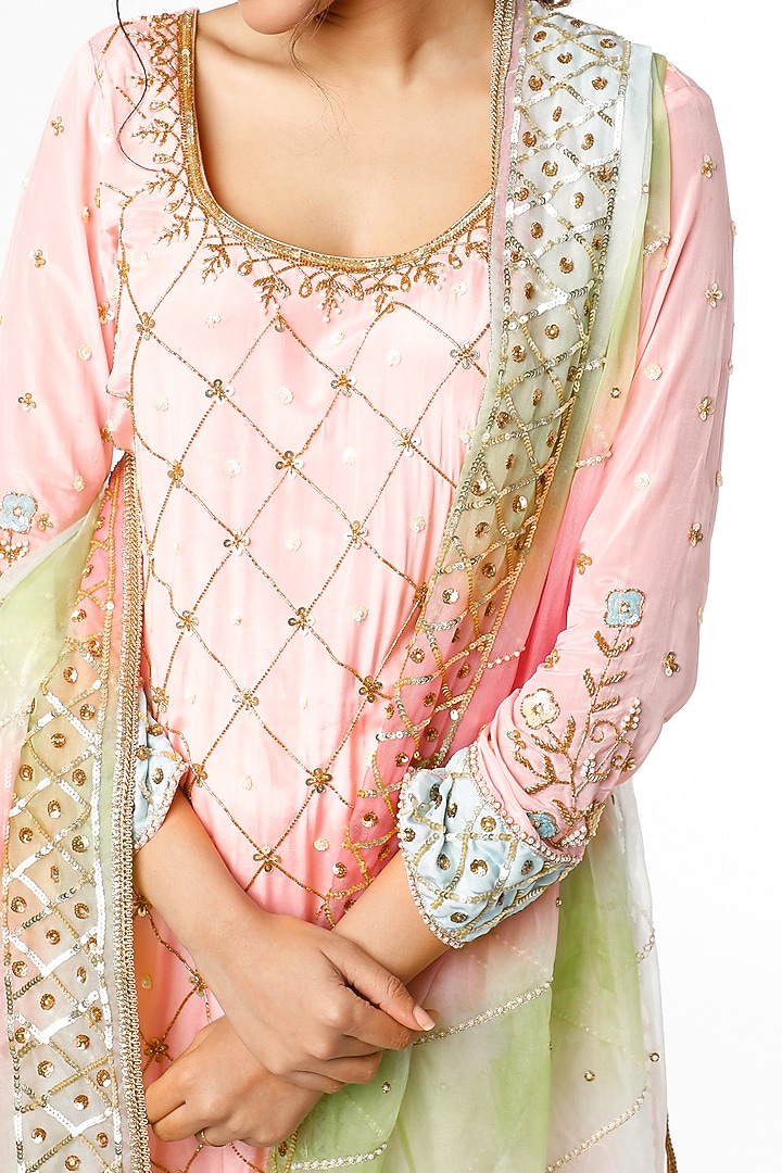 Carnation Pink Kalidar Wedding Sharara Set by Scarlet by Shruti Jamaal at Pernia's Pop Up Shop