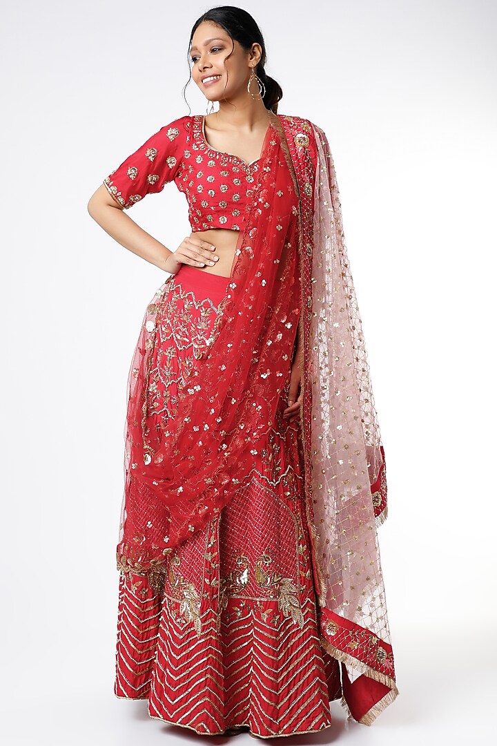 Red Sequins Embroidered Lehenga Set by Scarlet by Shruti Jamaal