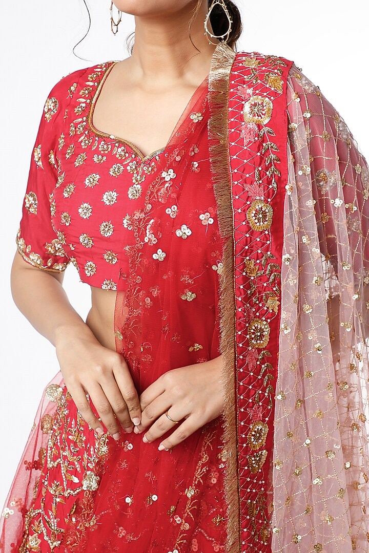Red Sequins Embroidered Bridal Lehenga Set by Scarlet by Shruti Jamaal at Pernia's Pop Up Shop