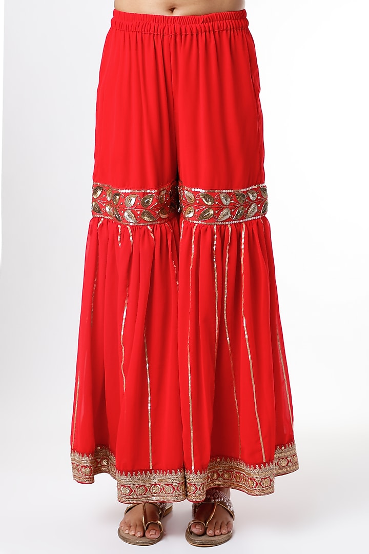Red & Golden Sequins Embroidered Wedding Sharara Set by Scarlet by Shruti Jamaal at Pernia's Pop Up Shop