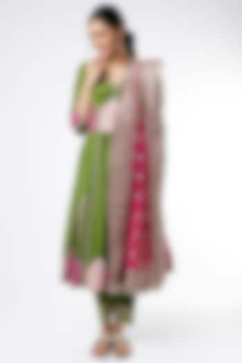 Mehendi Green & Fuchsia Sequins Embroidered Kalidar Anarkali Set by Scarlet by Shruti Jamaal