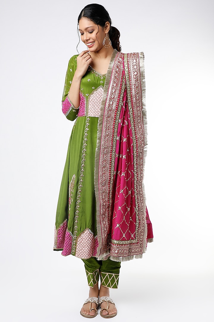 Mehendi Green & Fuchsia Sequins Embroidered Kalidar Anarkali Set by Scarlet by Shruti Jamaal