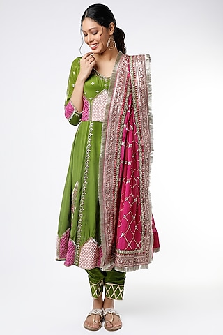 Mehendi Green & Fuchsia Sequins Embroidered Kalidar Anarkali Set by Scarlet by Shruti Jamaal