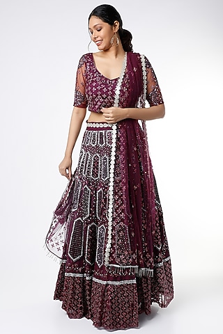 Deep Wine Mirror Embroidered Lehenga Set by Scarlet by Shruti Jamaal
