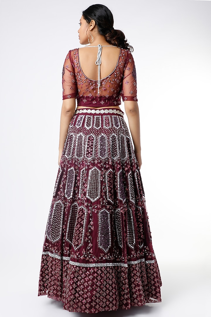 Deep Wine Mirror Embroidered Bridal Lehenga Set by Scarlet by Shruti Jamaal at Pernia's Pop Up Shop