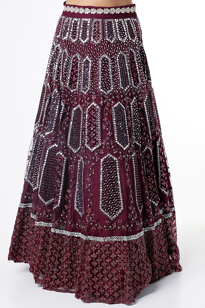Deep Wine Mirror Embroidered Bridal Lehenga Set by Scarlet by Shruti Jamaal at Pernia's Pop Up Shop