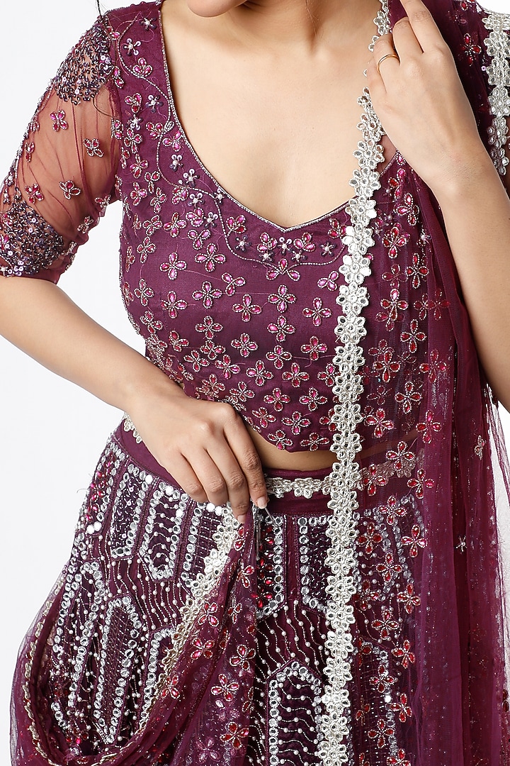 Deep Wine Mirror Embroidered Bridal Lehenga Set by Scarlet by Shruti Jamaal at Pernia's Pop Up Shop