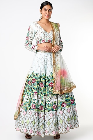 Ice Blue Printed & Embroidered Lehenga Set by Scarlet by shruti Jamaal