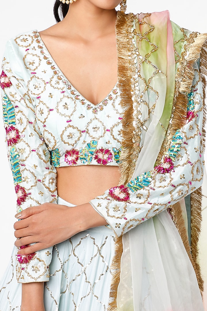 Ice Blue Printed & Embroidered Bridal Lehenga Set by Scarlet by shruti Jamaal at Pernia's Pop Up Shop