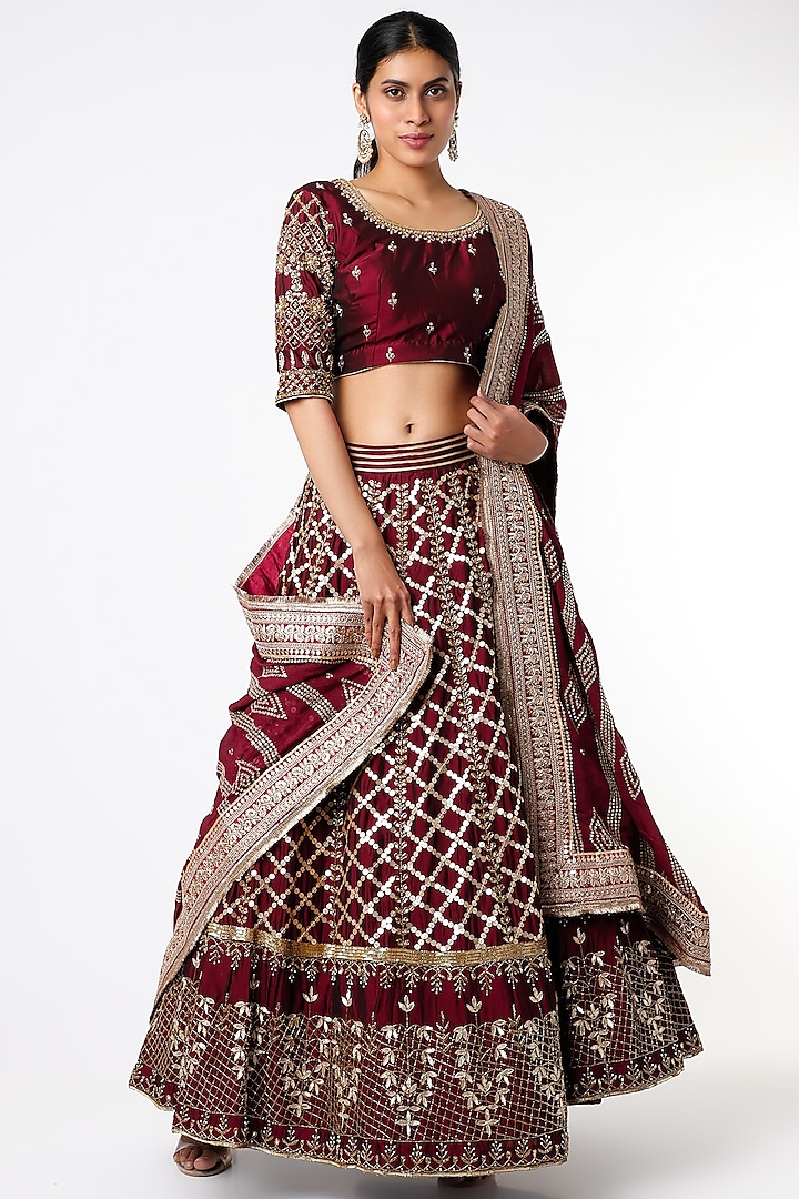 Deep Maroon Embroidered Lehenga Set by Scarlet by shruti Jamaal