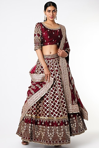 Deep Maroon Embroidered Lehenga Set by Scarlet by shruti Jamaal