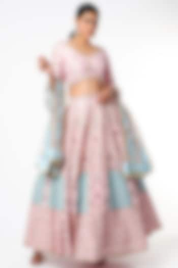 Pink & Sky Blue Embroidered Bridal Bridal Lehenga Set by Scarlet by shruti Jamaal at Pernia's Pop Up Shop