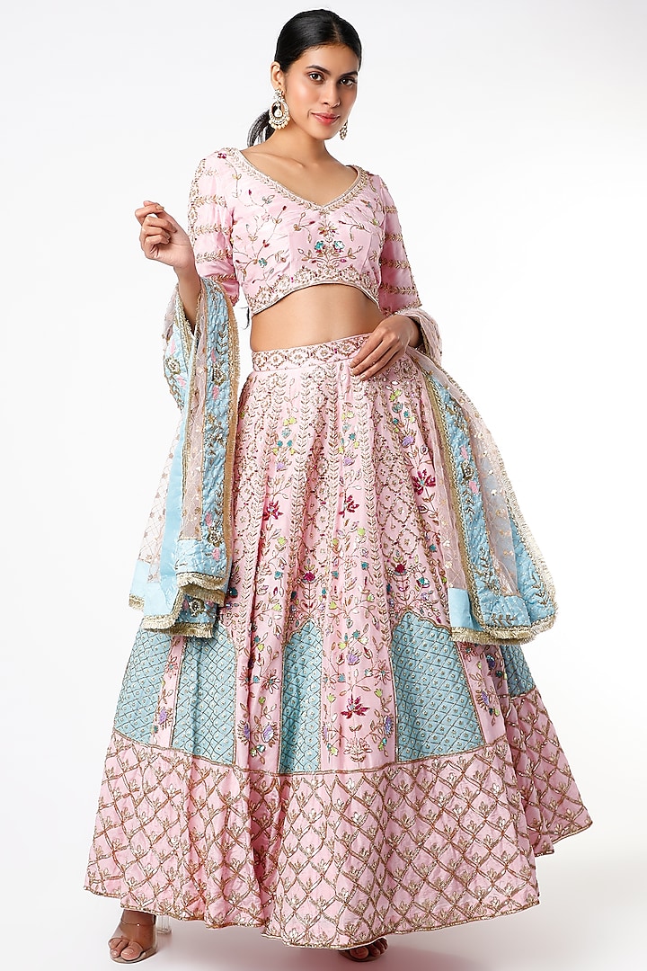 Pink & Sky Blue Embroidered Bridal Lehenga Set by Scarlet by shruti Jamaal
