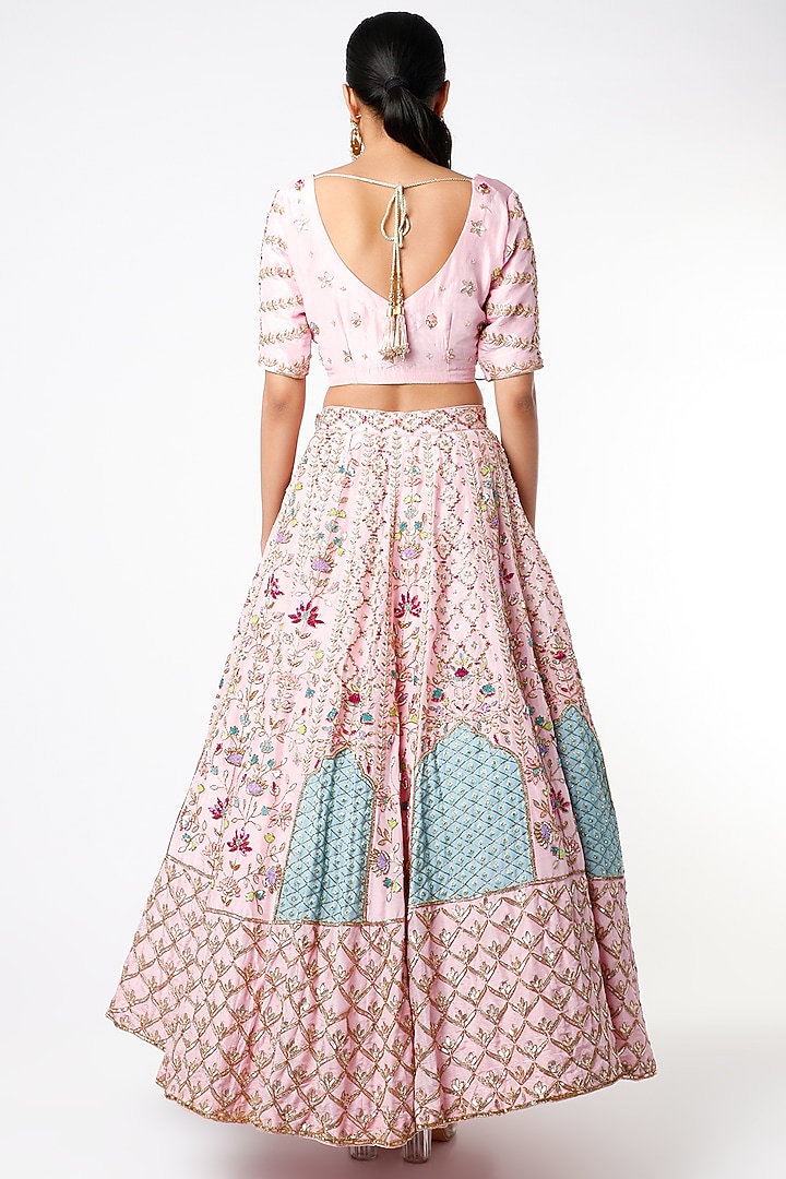 Pink & Sky Blue Embroidered Bridal Bridal Lehenga Set by Scarlet by shruti Jamaal at Pernia's Pop Up Shop