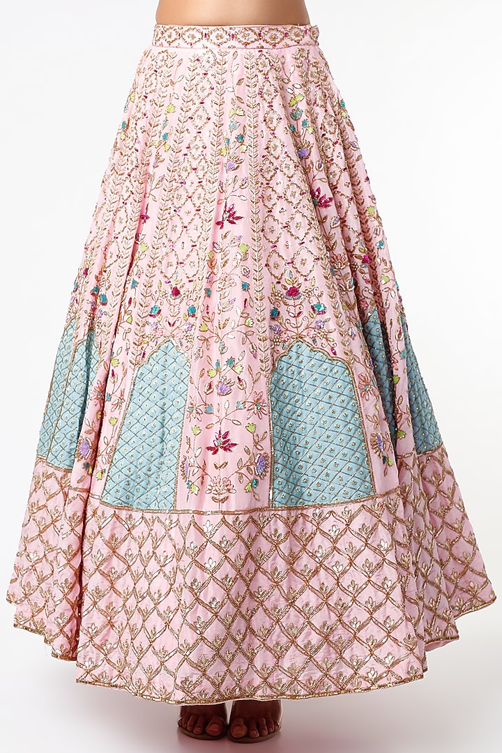 Pink & Sky Blue Embroidered Bridal Bridal Lehenga Set by Scarlet by shruti Jamaal at Pernia's Pop Up Shop