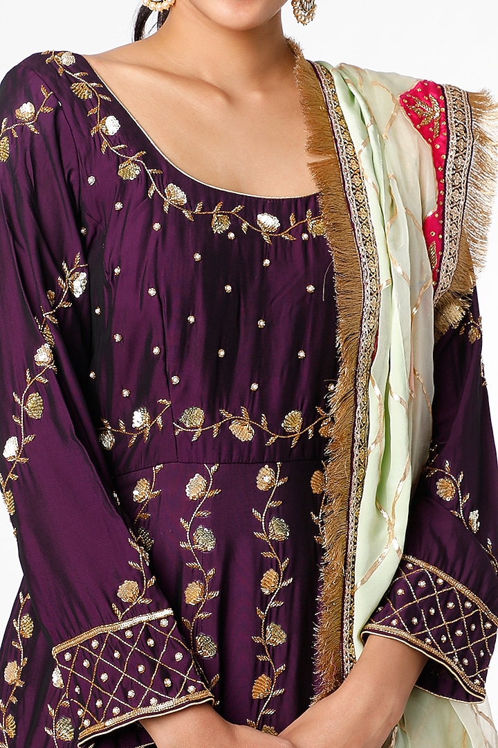 Purple Hand Embroidered Wedding Anarkali Set by Scarlet by shruti Jamaal at Pernia's Pop Up Shop