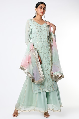 Sea Foam Georgette Sharara Set by Scarlet by shruti Jamaal