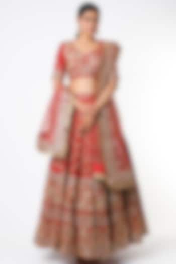 Cherry Red Hand Embroidered Lehenga Set by Scarlet by shruti Jamaal