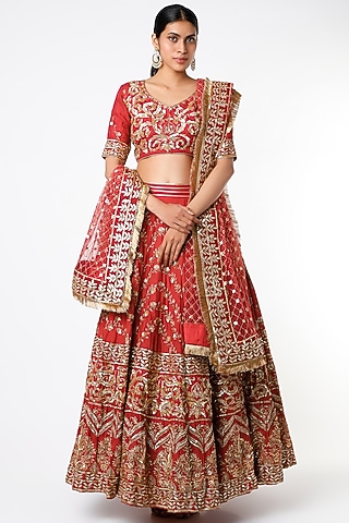 Cherry Red Hand Embroidered Lehenga Set by Scarlet by shruti Jamaal