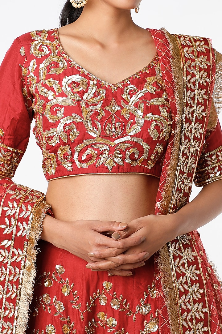 Cherry Red Hand Embroidered Bridal Lehenga Set by Scarlet by shruti Jamaal at Pernia's Pop Up Shop