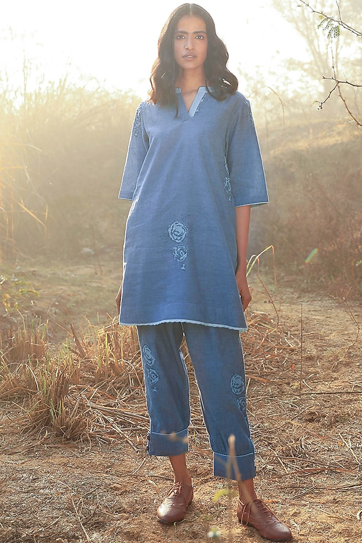 Indigo Blue Printed Tunic Set by Shorshe Clothing