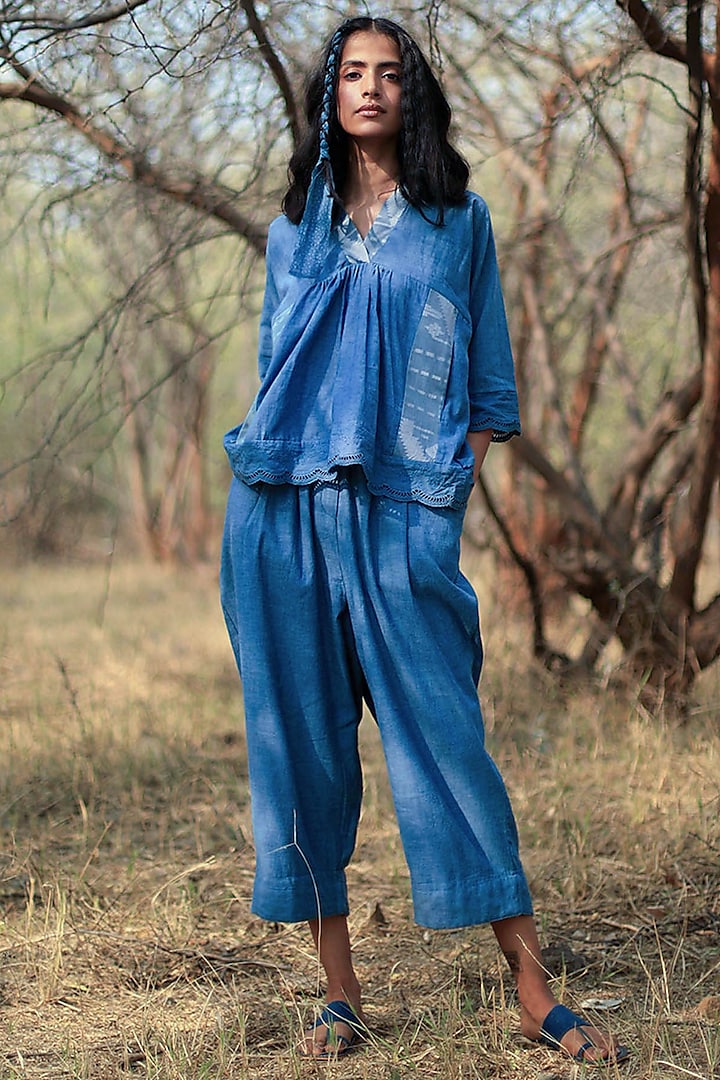 Indigo Blue Jhabla Top With Pant by Shorshe Clothing