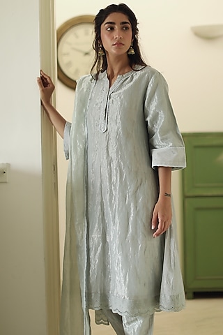 Aqua Blue Zardosi Embroidered Kurta Set by Shorshe Clothing