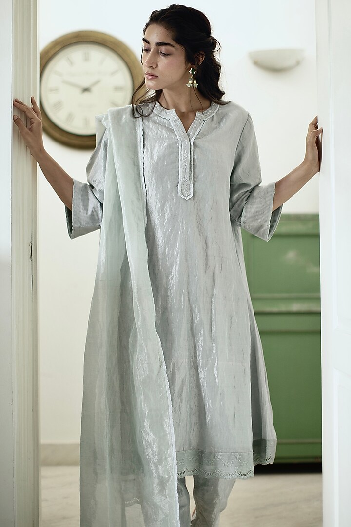 Aqua Blue Zardosi Embroidered Kurta Set by Shorshe Clothing at Pernia's Pop Up Shop