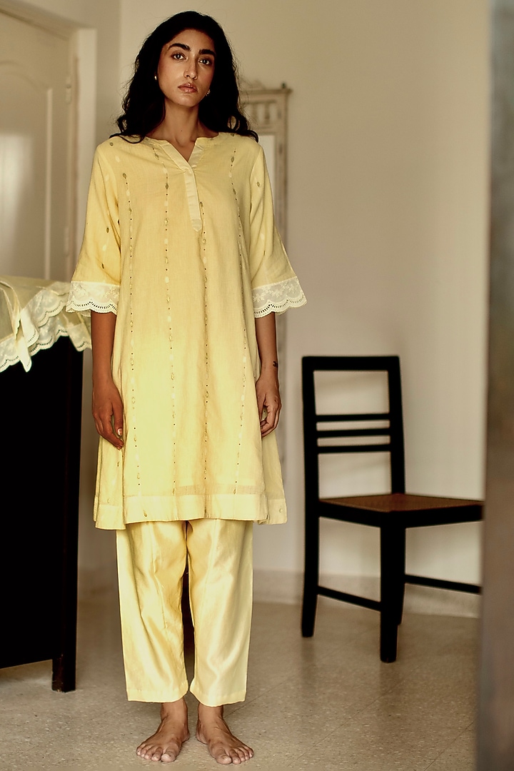 Lemonade Yellow Sequins Embroidered Maxi Kurta Set by Shorshe Clothing at Pernia's Pop Up Shop