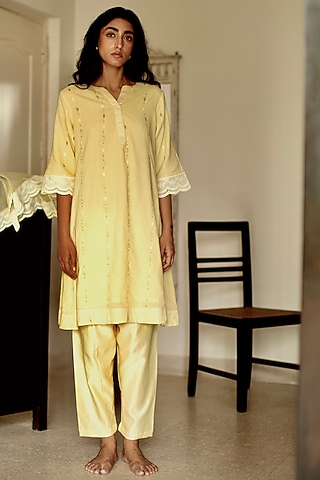 Lemonade Yellow Sequins Embroidered Maxi Kurta Set by Shorshe Clothing