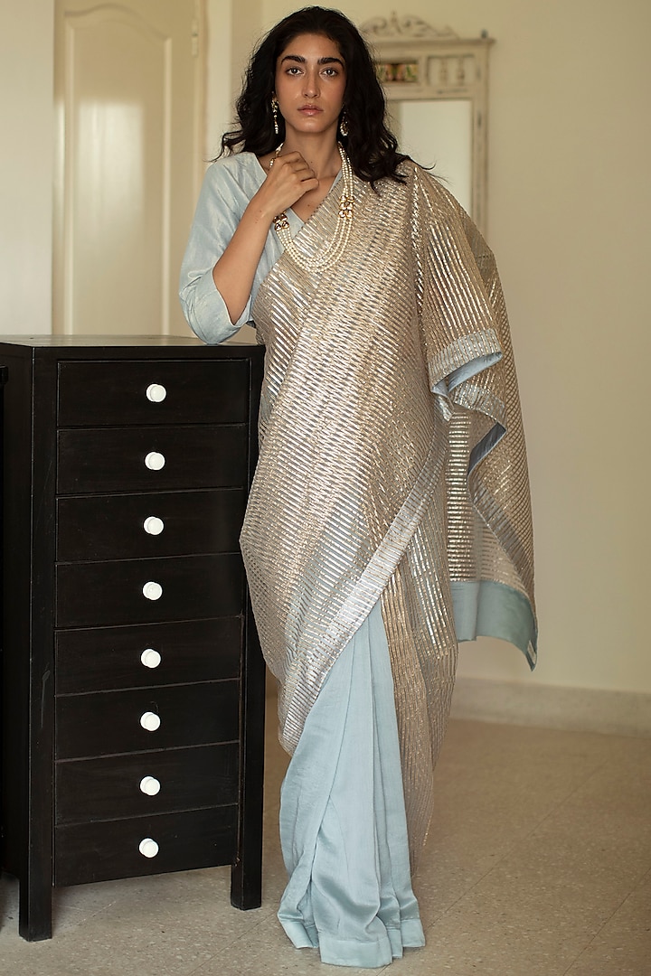 Aqua Blue Chanderi & Net Saree by Shorshe Clothing