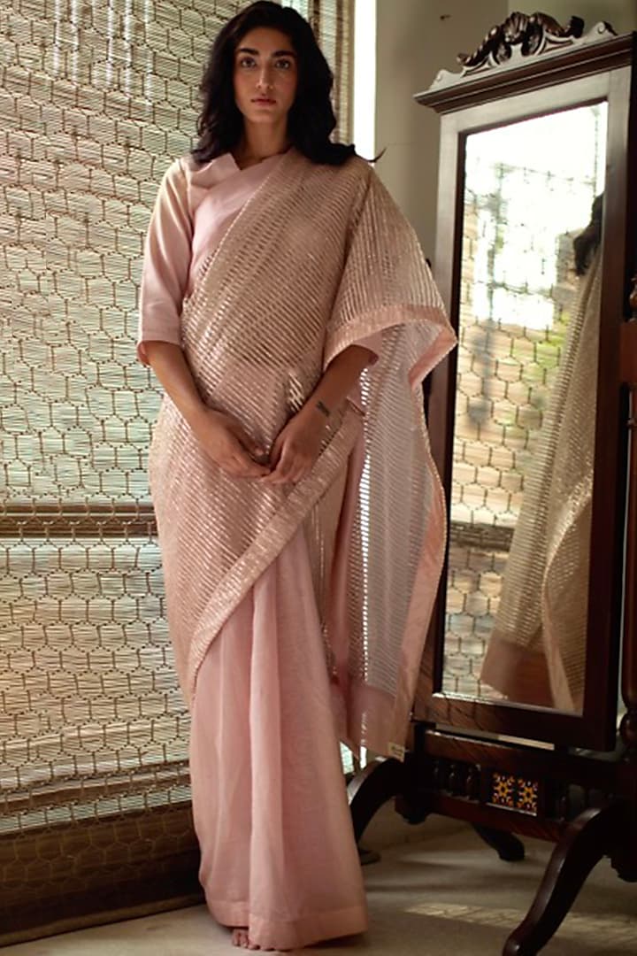Shell Pink Chanderi & Net Saree by Shorshe Clothing