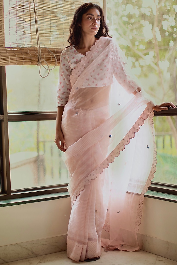 Shell Pink Floral Embroidered Saree by Shorshe Clothing
