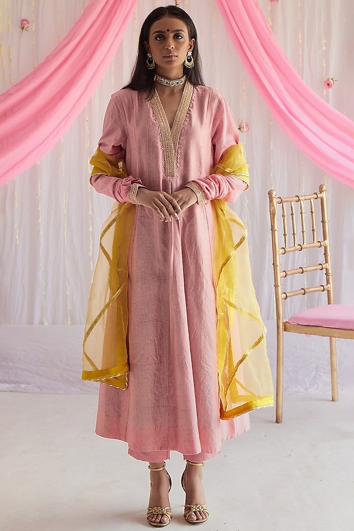 Gulab Pink Hand Block Printed Kurta Set by Shorshe Clothing