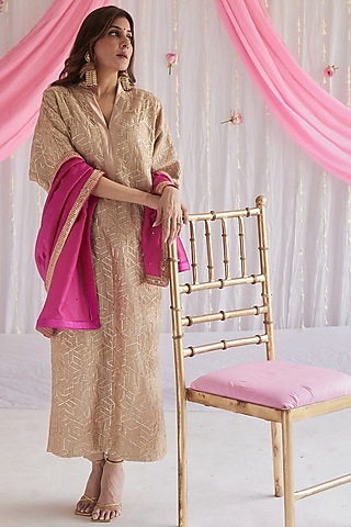Pearl Beige Chanderi Kaftan Set by Shorshe Clothing