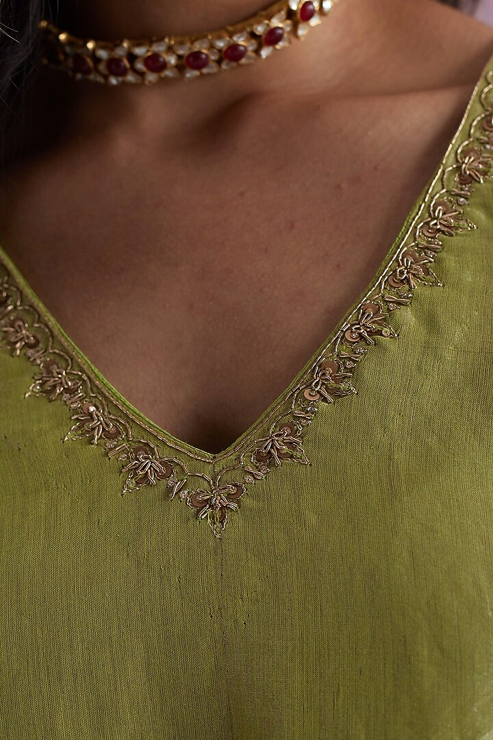 Citrus Green Hand Embroidered Kurta Set by Shorshe Clothing at Pernia's Pop Up Shop