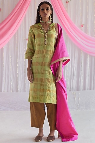 Citrus Green Embroidered Kurta Set by Shorshe Clothing
