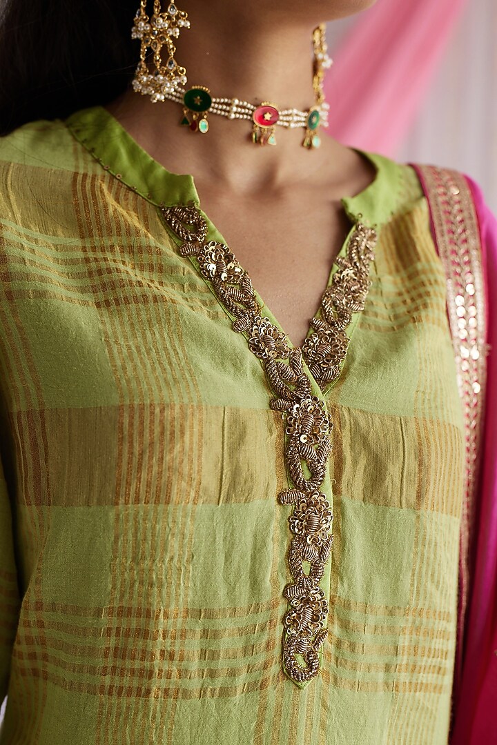 Citrus Green Embroidered Kurta Set by Shorshe Clothing at Pernia's Pop Up Shop
