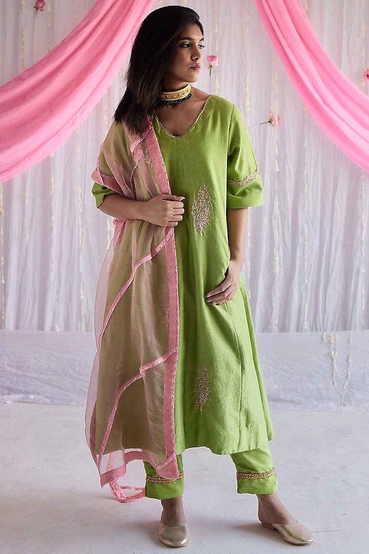 Citrus Green Chanderi Kurta Set by Shorshe Clothing