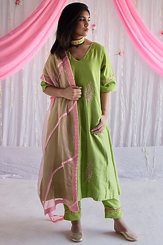Citrus Green Chanderi Kurta Set by Shorshe Clothing