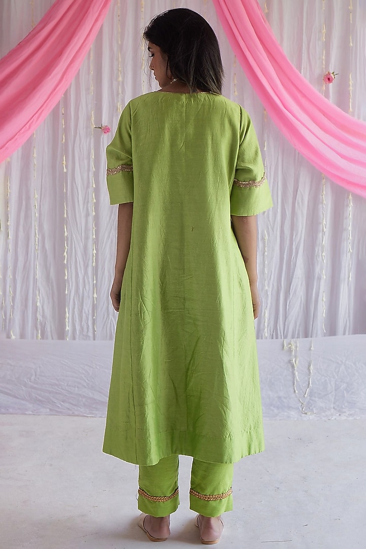 Citrus Green Chanderi Kurta Set by Shorshe Clothing at Pernia's Pop Up Shop
