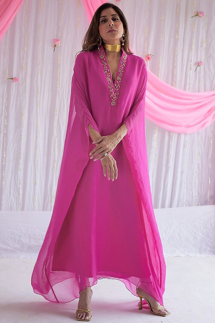 Fuchsia Pink Embroidered Kaftan by Shorshe Clothing at Pernia's Pop Up Shop