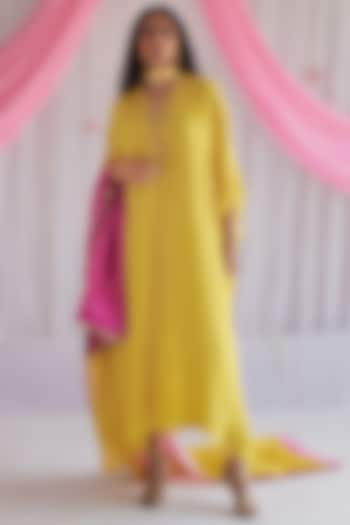 Marigold Yellow Embroidered Kaftan by Shorshe Clothing at Pernia's Pop Up Shop