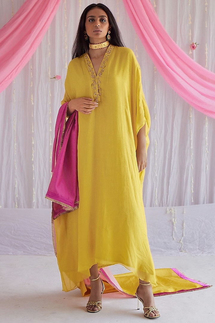 Marigold Yellow Embroidered Kaftan by Shorshe Clothing at Pernia's Pop Up Shop