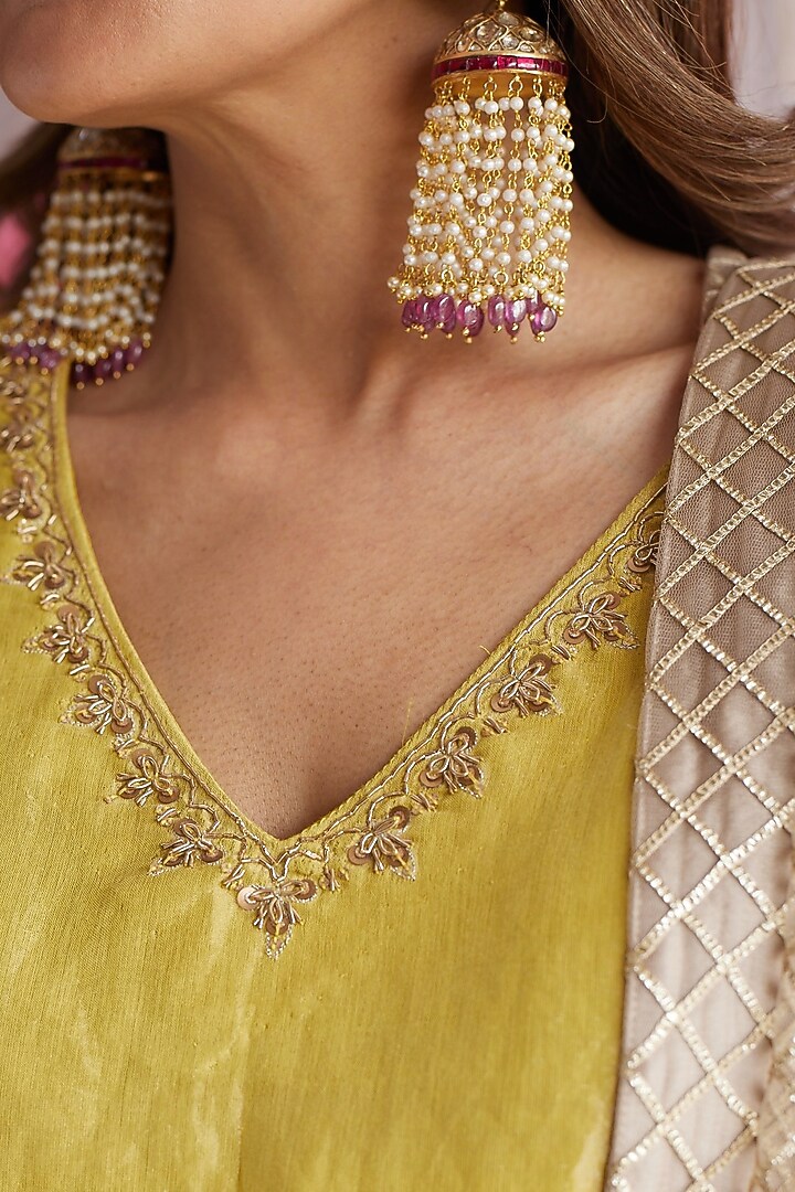 Marigold Yellow Hand Embroidered Kurta Set by Shorshe Clothing at Pernia's Pop Up Shop