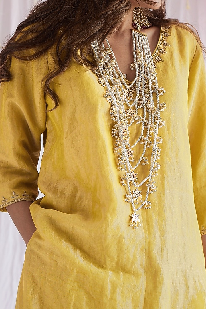 Marigold Yellow Hand Embroidered Kurta Set by Shorshe Clothing at Pernia's Pop Up Shop