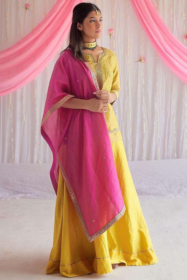 Marigold Yellow Chanderi Gharara Set by Shorshe Clothing at Pernia's Pop Up Shop