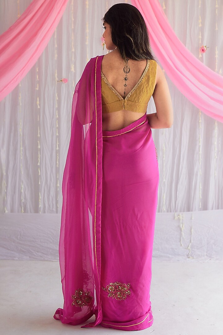 Fuchsia Pink Hand Embroidered Party Wear Saree by Shorshe Clothing at Pernia's Pop Up Shop
