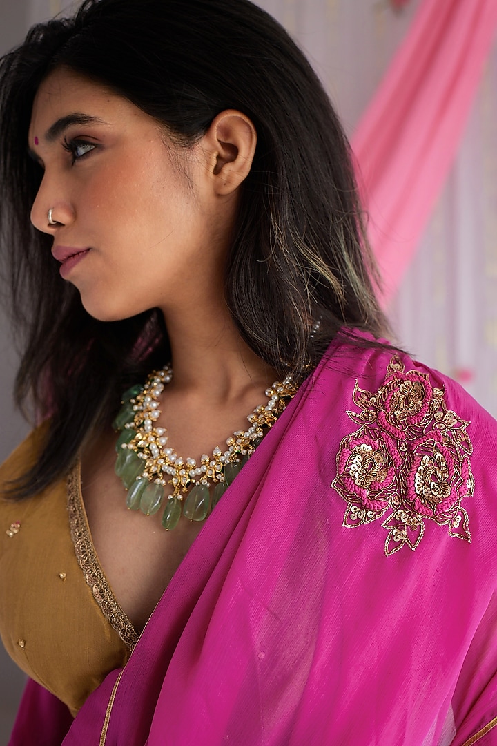 Fuchsia Pink Hand Embroidered Party Wear Saree by Shorshe Clothing at Pernia's Pop Up Shop