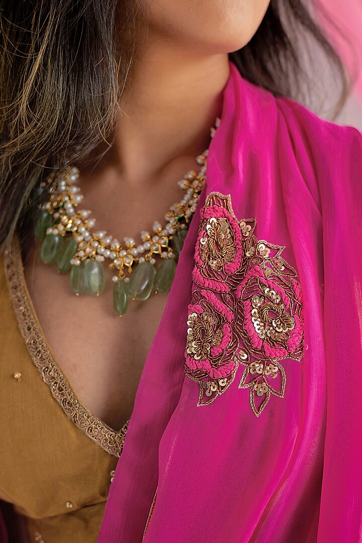 Fuchsia Pink Hand Embroidered Party Wear Saree by Shorshe Clothing at Pernia's Pop Up Shop